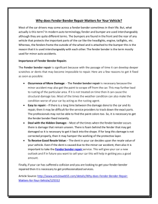 Why does Fender Bender Repair Matters for Your Vehicle ?