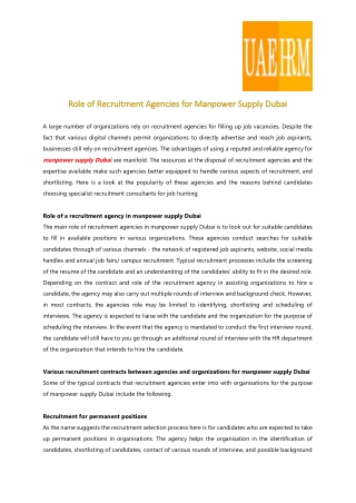 Role of Recruitment Agencies for Manpower Supply Dubai