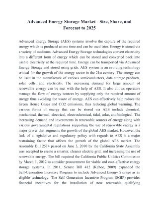 Advanced Energy Storage Market - Size, Share, and Forecast to 2025