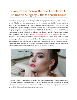 Care To Be Taken Before And After A Cosmetic Surgery - Dr. Marwah's Clinic