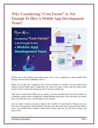 Why Considering “Cost Factor” Is Not Enough To Hire A Mobile App Development Team?