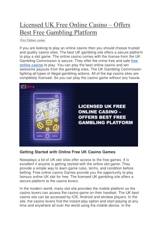Licensed UK Free Online Casino – Offers Best Free Gambling Platform