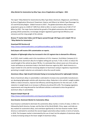 Alloy Market for Automotive by Alloy Type, Area of Application and Region - 2021