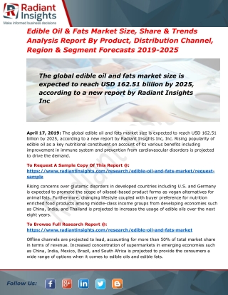 Edible Oil and Fats Market Is Growing By 2025| CAGR of 7.4%