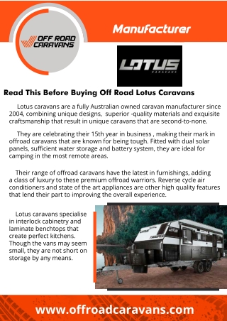 Off Road Caravans Manufacturer - Lotus Caravans