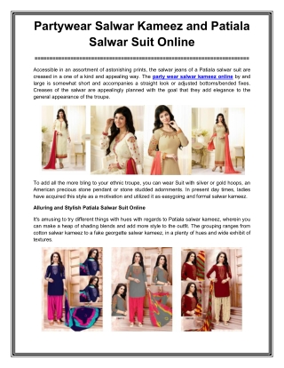 Partywear Salwar Kameez and Patiala Salwar Suit Online