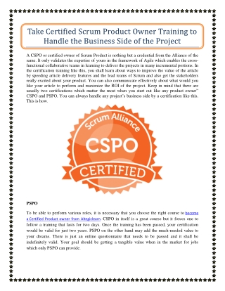 Take Certified Scrum Product Owner Training to Handle the Business Side of the Project