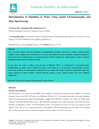 Determination of Malathion in Water Using Liquid Chromatography and Mass Spectroscopy