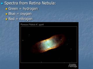 Spectra from Retina Nebula: Green = hydrogen Blue = oxygen Red = nitrogen