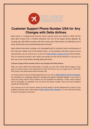 Customer Support Phone Number USA for Any Changes With Delta Airlines
