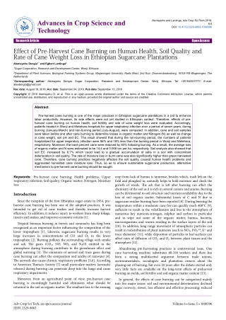 Effect of Pre-Harvest Cane Burning on Human Health, Soil Quality and Rate of Cane Weight Loss in Ethiopian Sugarcane Pla