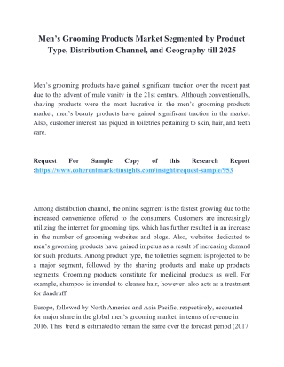 Men’s Grooming Products Market Segmented by Product Type, Distribution Channel, and Geography till 2025