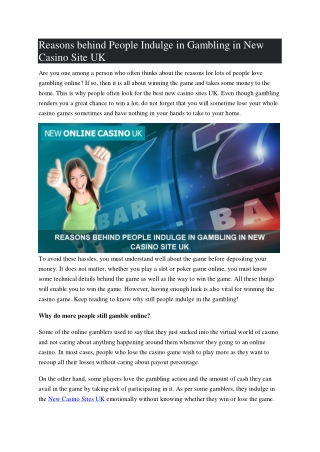 Reasons behind People Indulge in Gambling in New Casino Site UK