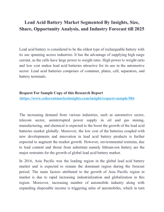 Lead Acid Battery Market Segmented By Insights, Size, Share, Opportunity Analysis, and Industry Forecast till 2025