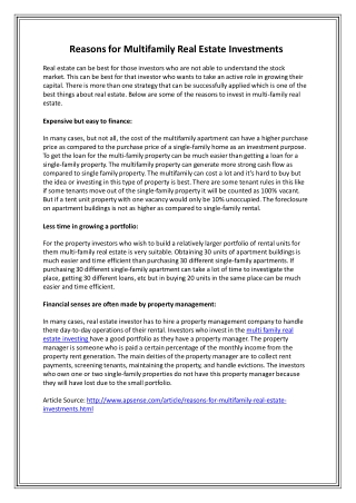 Reasons for Multifamily Real Estate Investments