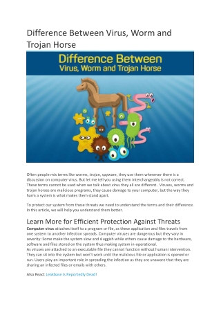 Difference Between Virus, Worm and Trojan Horse