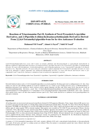 Reactions of Triacetonamine Part II, Synthesis of Novel Pyrazolo(4,3-c)pyridine Derivatives, and 2-(Piperidin-4-ylidene)