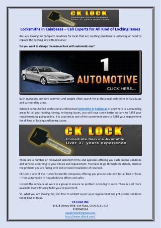 Locksmiths in Calabasas – Call Experts for All Kind of Locking Issues