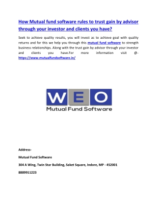 How Mutual fund software rules to trust gain by advisor through your investor and clients you have?