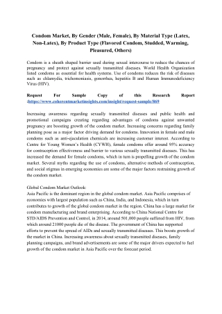 Condom Market, By Gender (Male, Female), By Material Type (Latex, Non-Latex), By Product Type (Flavored Condom, Studded,