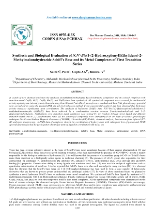 Synthesis and Biological Evaluation of N,N’-Bis(1-(2-Hydroxyphenyl)Ethylidene)-2- Methylmalonohydrazide Schiff’s Base an