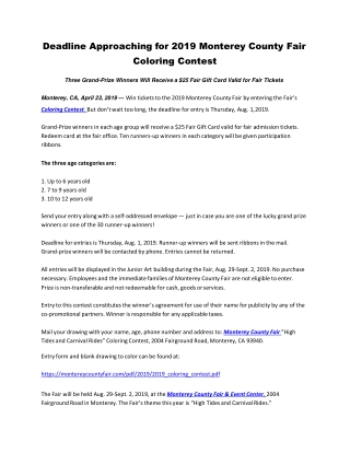 Deadline Approaching for 2019 Monterey County Fair Coloring Contest