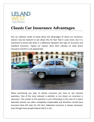 Classic Car Insurance Advantages
