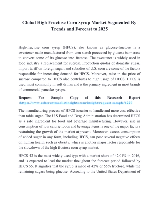 Global High Fructose Corn Syrup Market Segmented By Trends and Forecast to 2025