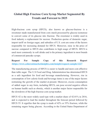 Global High Fructose Corn Syrup Market Segmented By Trends and Forecast to 2025