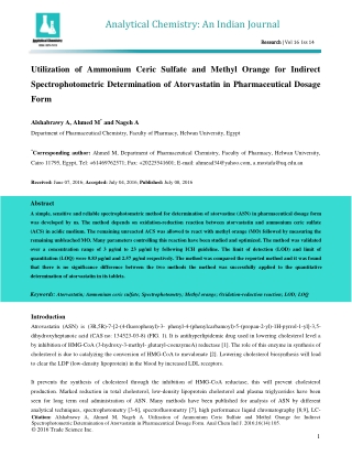 Utilization of Ammonium Ceric Sulfate and Methyl Orange for Indirect Spectrophotometric Determination of Atorvastatin in