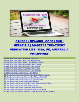 COPD | CKD | HEPATITIS | DIABETES | CANCER | HIV-AIDS TREATMENT MEDICATION LIST - USA, UK, AUSTRALIA, PHILIPPINES