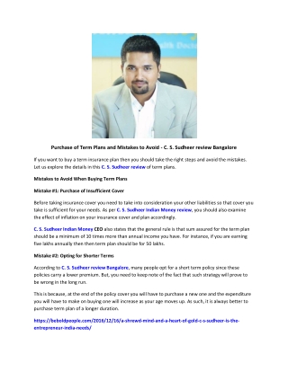 Purchase of Term Plans and Mistakes to Avoid - C. S. Sudheer review Bangalore