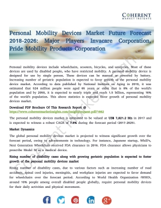 Personal Mobility Devices Market Future Forecast 2018-2026: Major Players Invacare Corporation, Pride Mobility Products