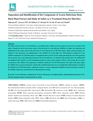 Separation and Identification of the Components of Acacia Sieberiana Stem Bark Plant Extract and Study its Safety as a T