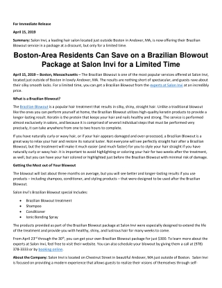 Boston-Area Residents Can Save on a Brazilian Blowout Package at Salon Invi for a Limited Time