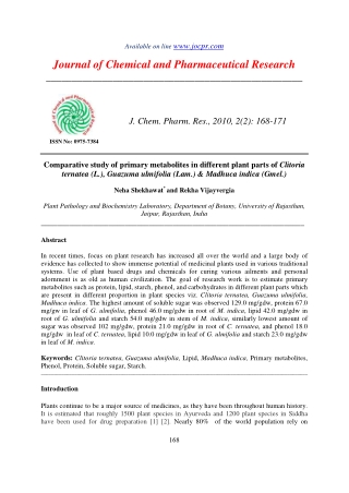 Comparative study of primary metabolites in different plant parts of Clitoria ternatea (L.), Guazuma ulmifolia (Lam.) &