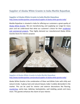 Supplier of Alaska White Granite in India Marble Rajasthan