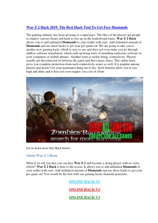 War Z 2 Hack 2019, The Best Hack Tool To Get Free Diamonds