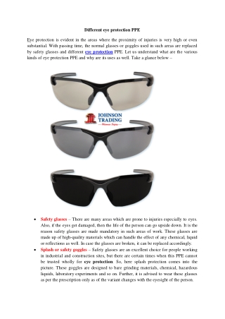 Different eye protection PPE