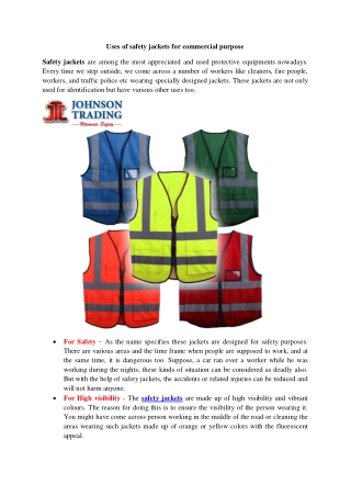 Uses of safety jackets for commercial purpose