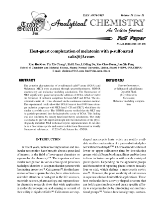 Host-guest complexation of melatonin with p-sulfonated calix[6]Arenes