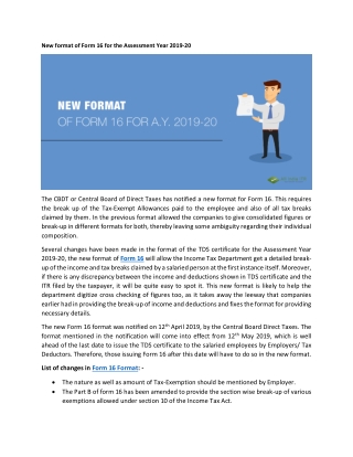 New format of Form 16 for the Assessment Year 2019-20