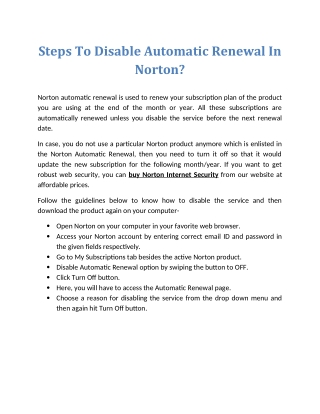 Steps To Disable Automatic Renewal In Norton?