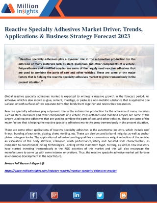 Reactive Specialty Adhesives Market Driver, Trends, Applications & Business Strategy Forecast 2023