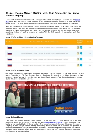 Choose Russia Server Hosting with High-Availability by Onlive Server Company