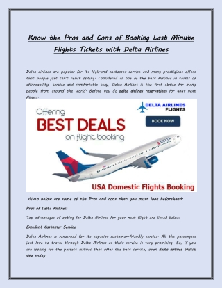 Delta Airlines - Know the Pros and Cons of Booking Last Minute Flights Tickets with Delta Airlines