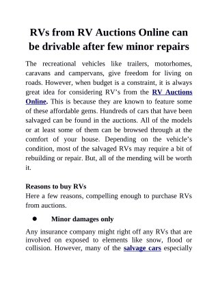 RVs from RV Auctions Online can be drivable after few minor repairs