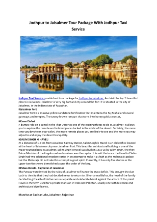 Jodhpur to Jaisalmer Tour Package With Jodhpur Taxi Service