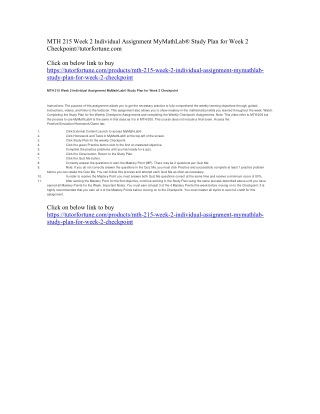 MTH 215 Week 2 Individual Assignment MyMathLab® Study Plan for Week 2 Checkpoint//tutorfortune.com