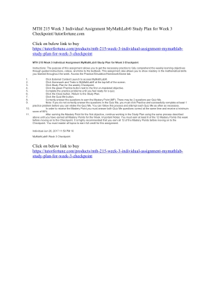 MTH 215 Week 3 Individual Assignment MyMathLab® Study Plan for Week 3 Checkpoint//tutorfortune.com